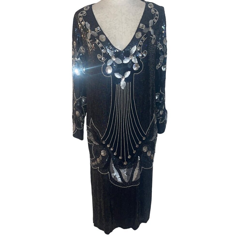 Vintage Womens Dress Size Large Black Embellished Midi Sequin Casual Silk